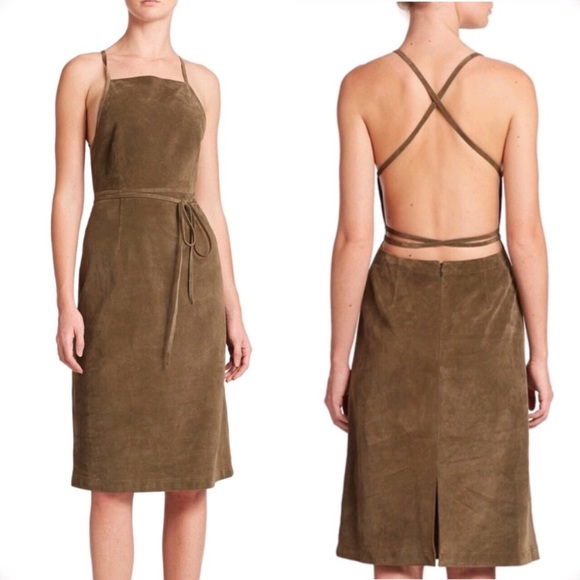 SOLD! THEORY 🥑 Olive Green Suede Apron Midi Dress - Picture 2 of 6
